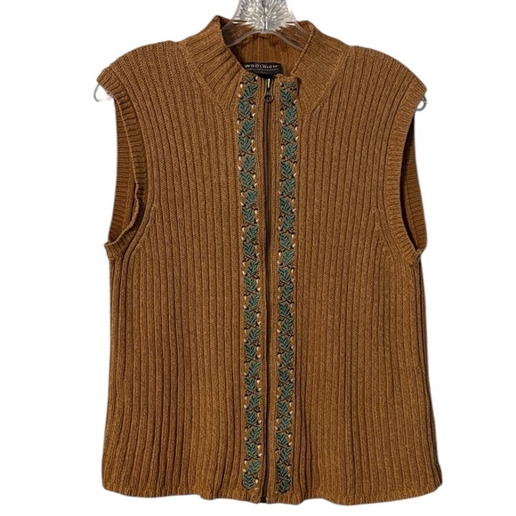 Vintage Woolrich Forest Sweater Vest L Camel Green Leaves Indi Granola Girl boho - Picture 3 of 9
